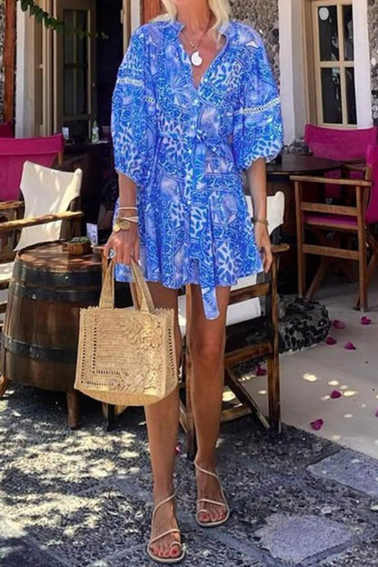LP | Moda Stand Up Collar Shift Stampato Resort Mini Abito