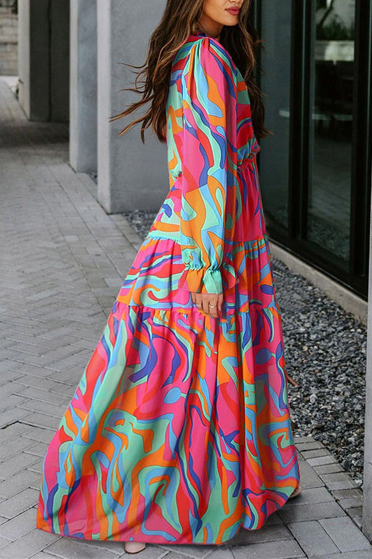 LP | Maxi abito scollato con stampa floreale multicolore e volant