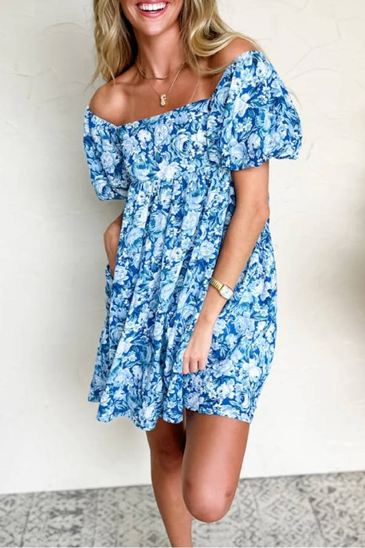 LP | Mini abito babydoll floreale blu con maniche a sbuffo