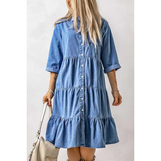 LP | Mini abito in chambray con volant e abbottonatura in denim