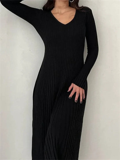LP | abito midi autunnale a maniche lunghe a costine, slim fit e tinta unita