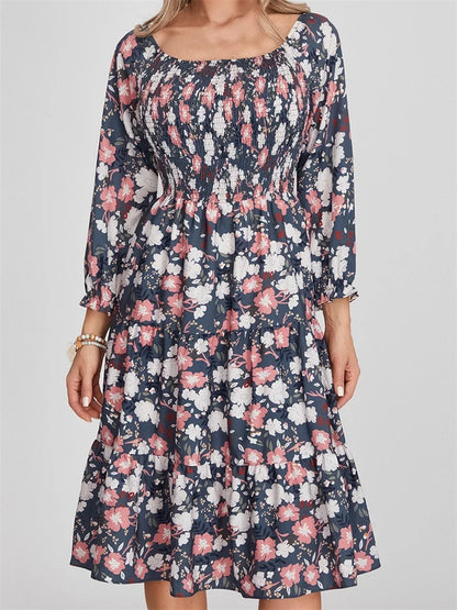 LP | Vestito midi a maniche lunghe con stampa floreale bohémien e vita alta in linea A