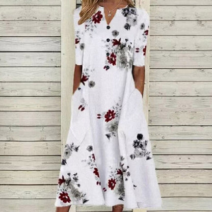 LP | Vestito midi da donna - Scollo a V - abbottonatura - maniche corte - stampa floreale a farfalla - tasche
