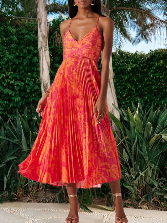 LP | Elegante abito midi da donna con stampa floreale, pieghe e tessuto traspirante