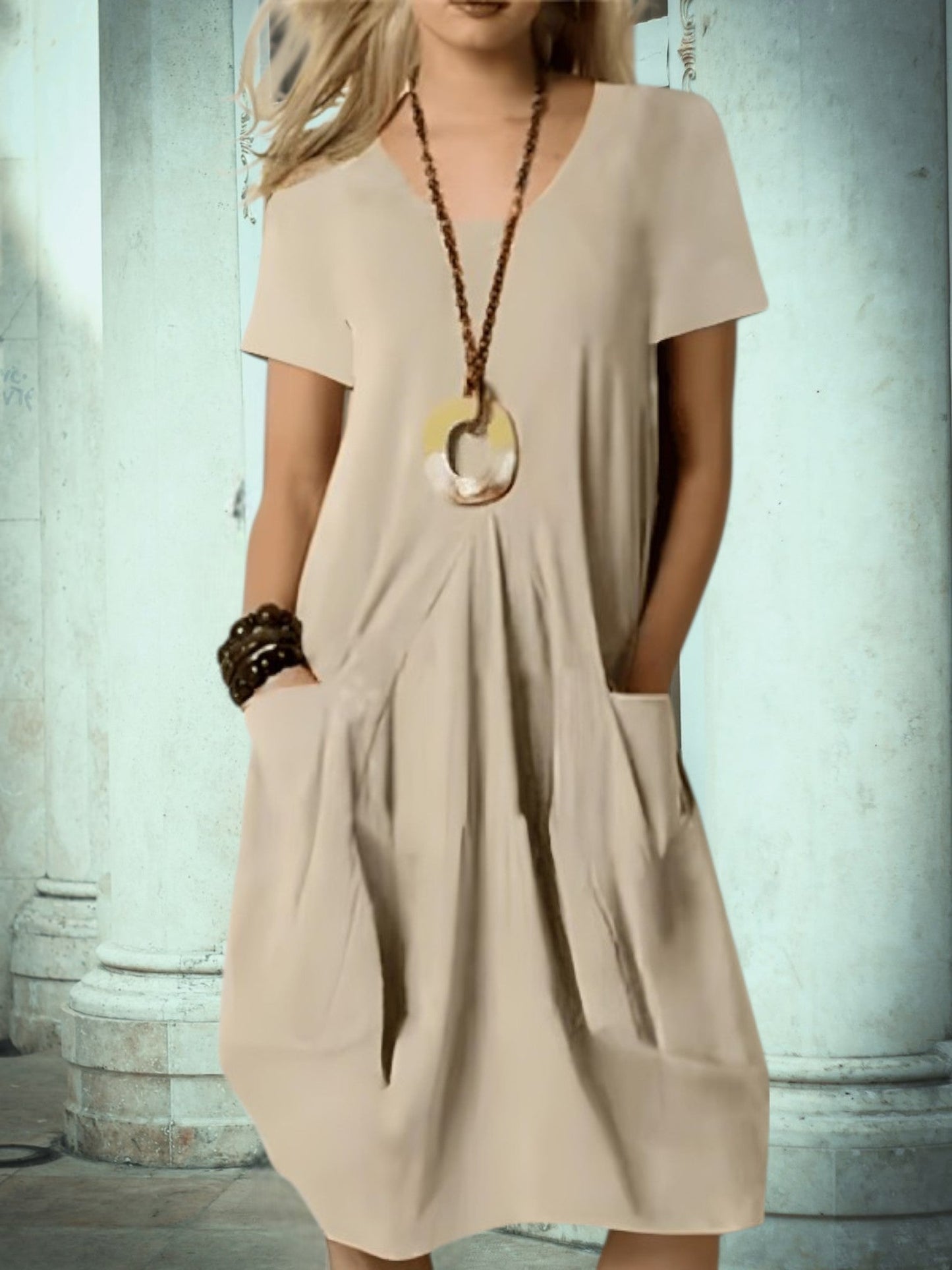 LP | Abito midi estivo da donna con scollo rotondo e tasche