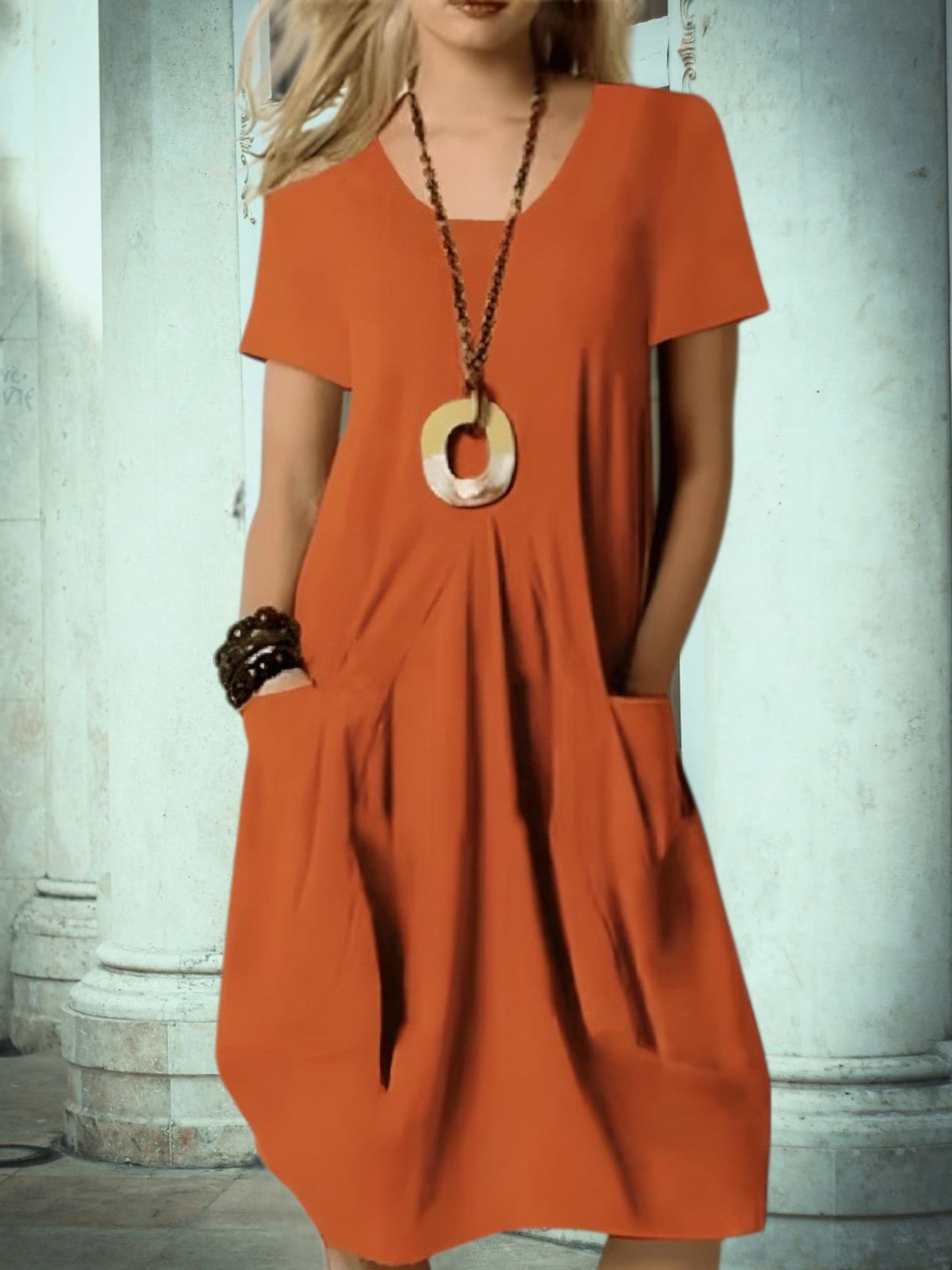 LP | Abito midi estivo da donna con scollo rotondo e tasche