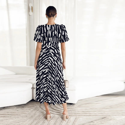 LP | 2024 Elegante abito midi con stampa a righe boho e scollo a V con maniche a sbuffo