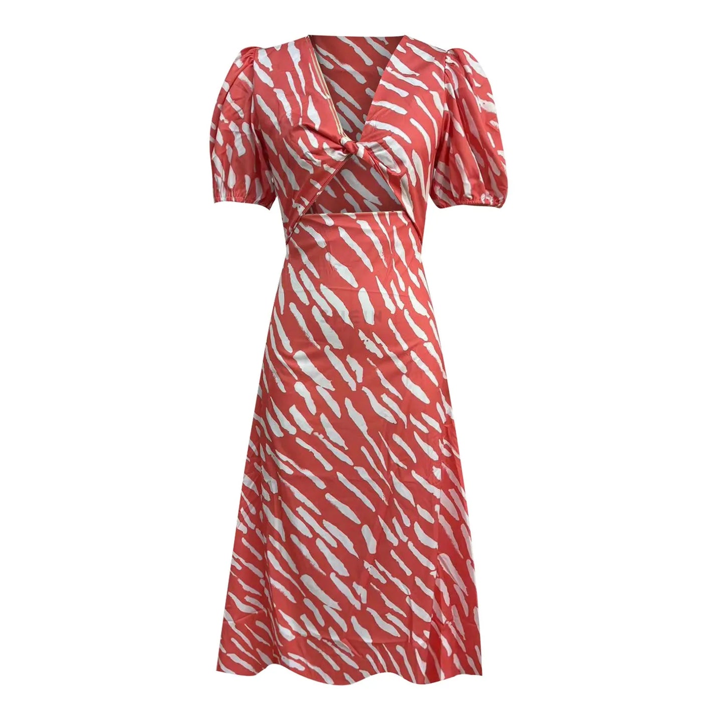 LP | 2024 Elegante abito midi con stampa a righe boho e scollo a V con maniche a sbuffo