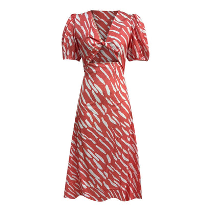 LP | 2024 Elegante abito midi con stampa a righe boho e scollo a V con maniche a sbuffo