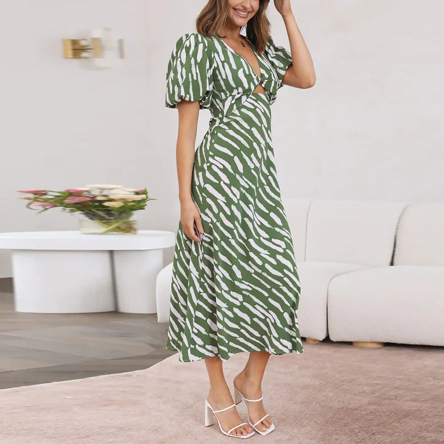 LP | 2024 Elegante abito midi con stampa a righe boho e scollo a V con maniche a sbuffo
