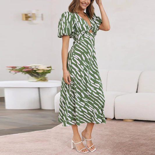 LP | 2024 Elegante abito midi con stampa a righe boho e scollo a V con maniche a sbuffo