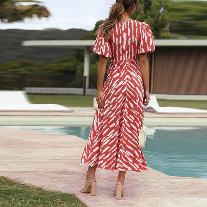 LP | 2024 Elegante abito midi con stampa a righe boho e scollo a V con maniche a sbuffo