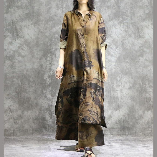 LP | Eleganti pantaloni a gamba larga tuniche di seta giallo due pezzi più dimensioni vestito stampe estive
