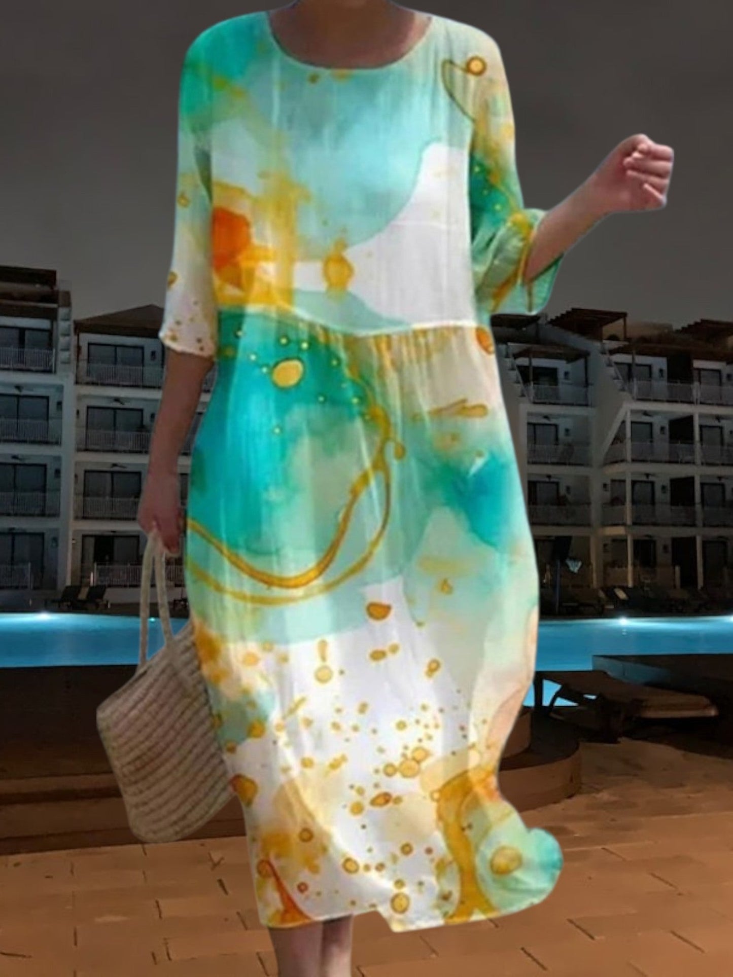 LP | Elegante abito midi in materiale leggero e fluido, maniche a 3/4 con stampa floreale