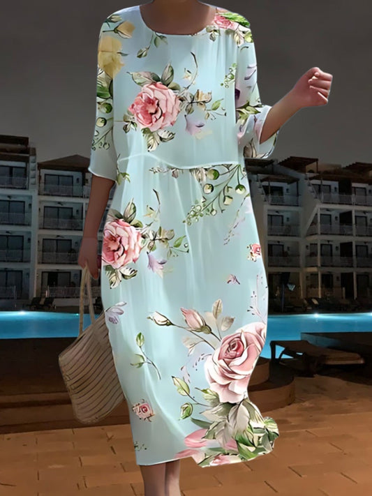 LP | Elegante abito midi in materiale leggero e fluido, maniche a 3/4 con stampa floreale