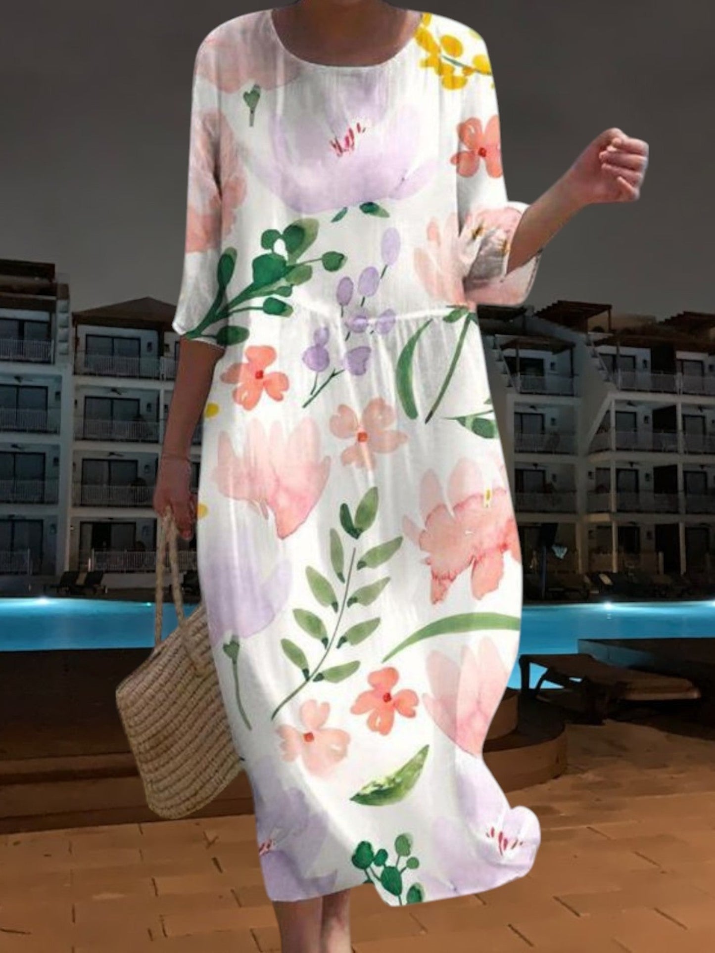 LP | Elegante abito midi in materiale leggero e fluido, maniche a 3/4 con stampa floreale