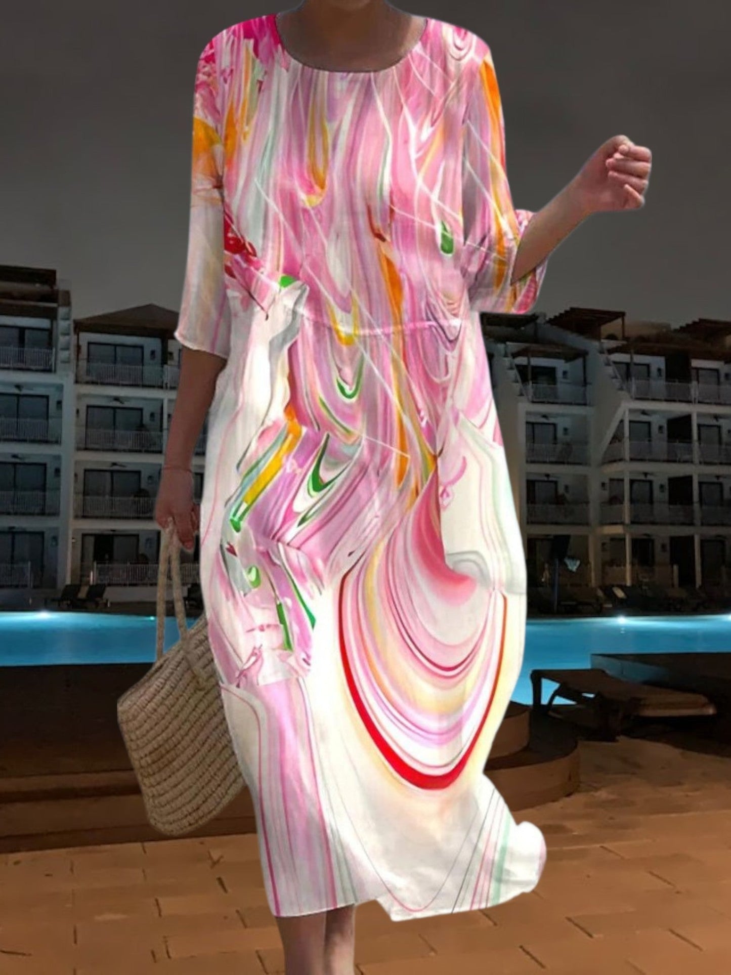 LP | Elegante abito midi in materiale leggero e fluido, maniche a 3/4 con stampa floreale