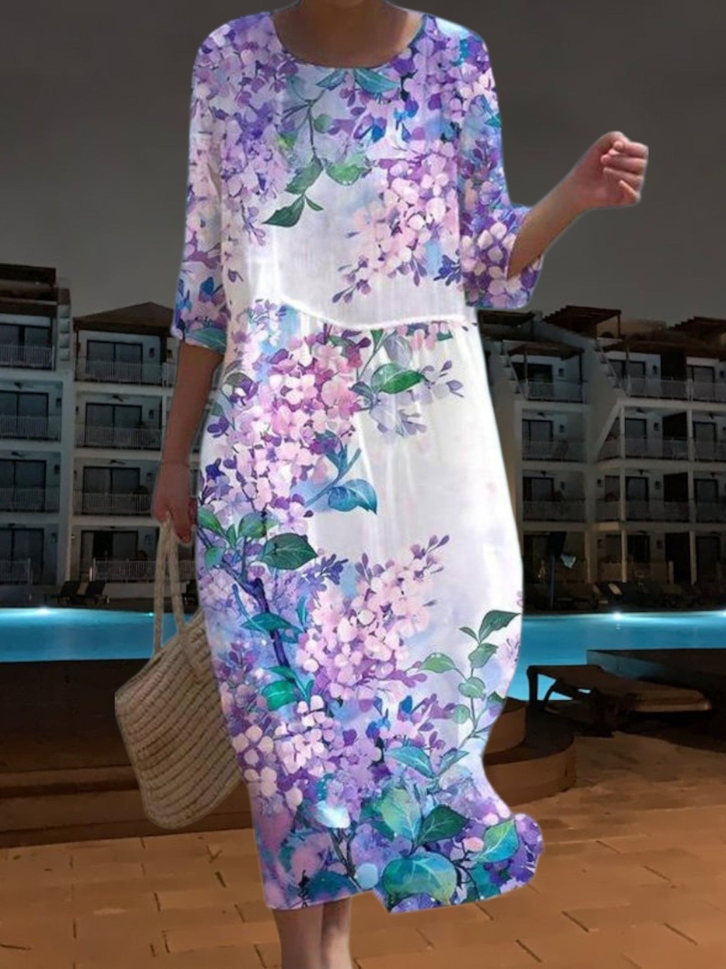LP | Elegante abito midi in materiale leggero e fluido, maniche a 3/4 con stampa floreale