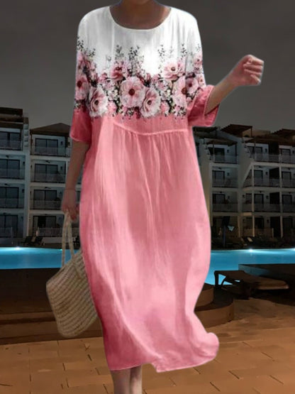 LP | Elegante abito midi in materiale leggero e fluido, maniche a 3/4 con stampa floreale