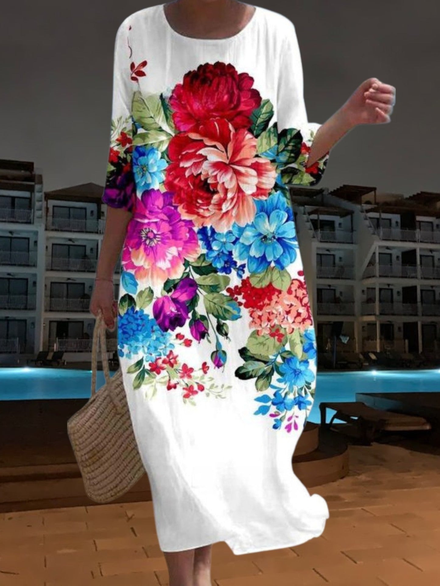 LP | Elegante abito midi in materiale leggero e fluido, maniche a 3/4 con stampa floreale
