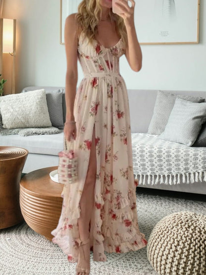 LP | Elegante abito midi in pizzo festivo con dettagli floreali e senza maniche per donna