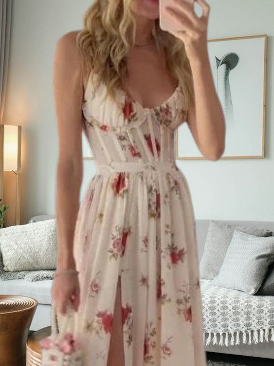 LP | Elegante abito midi in pizzo festivo con dettagli floreali e senza maniche per donna