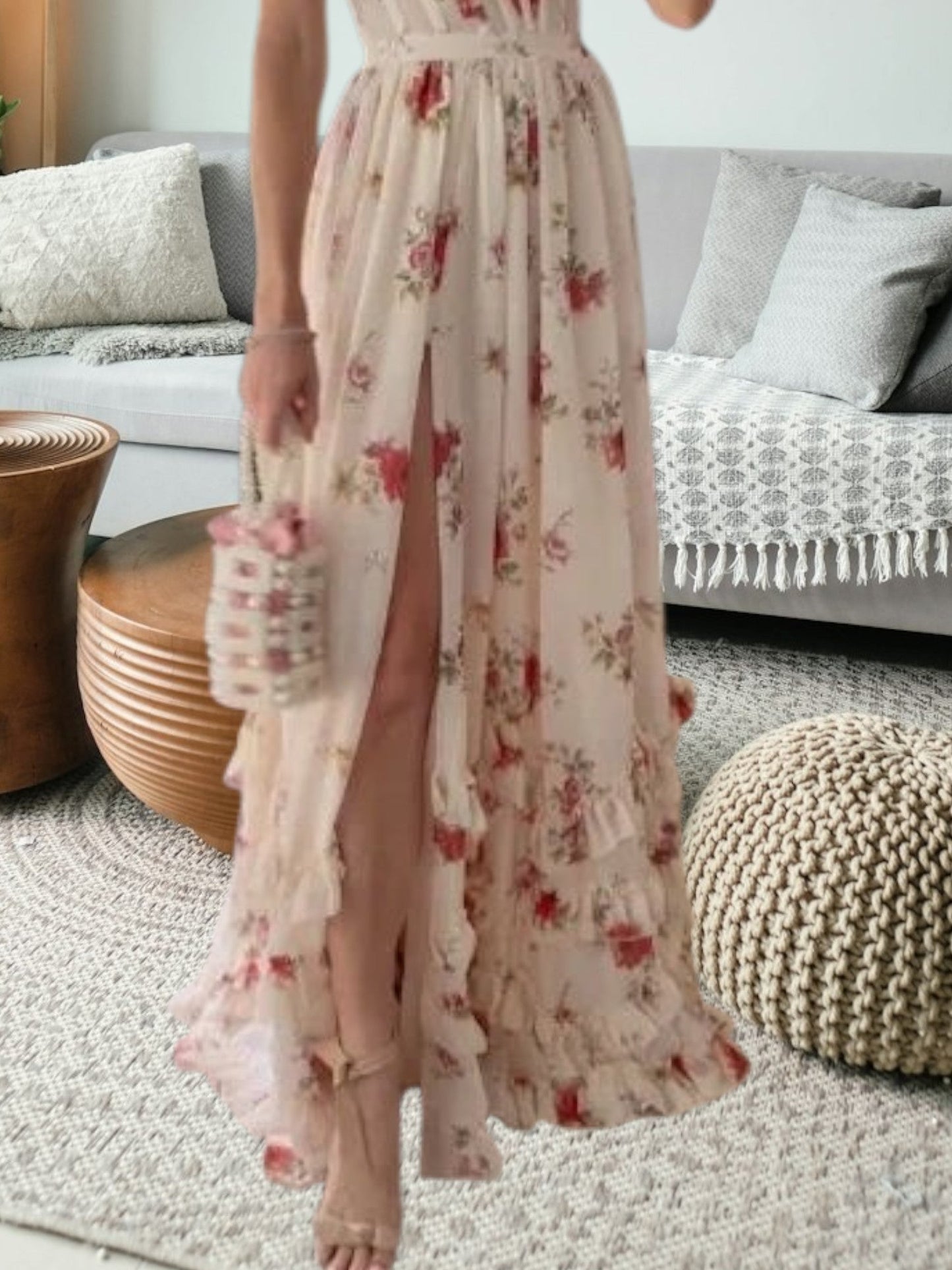LP | Elegante abito midi in pizzo festivo con dettagli floreali e senza maniche per donna