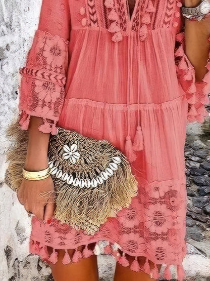 LP | Moda Mini abito con scollo a V e frange in pizzo