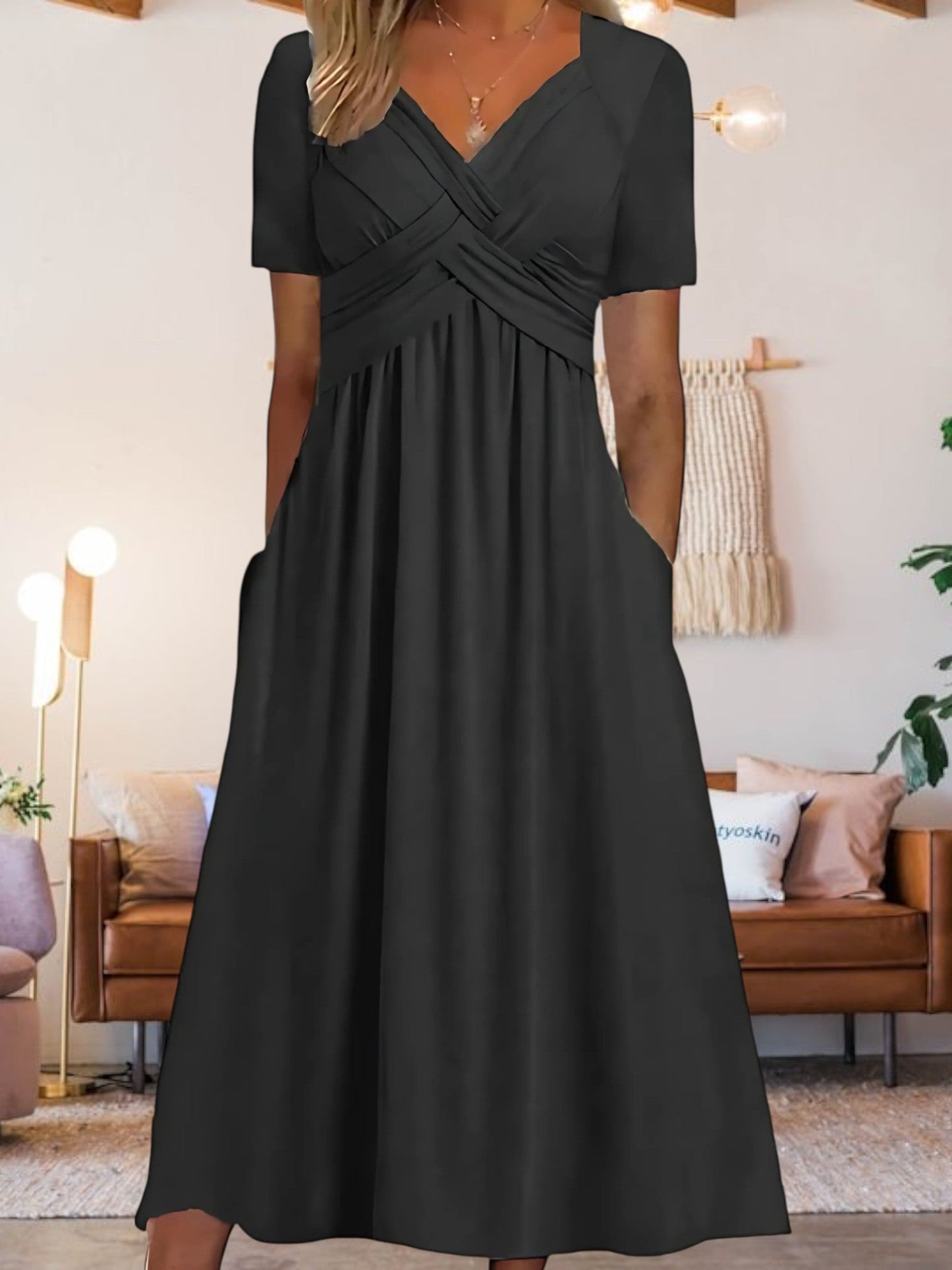 LP | Abito midi da donna con scollo a V e maniche corte