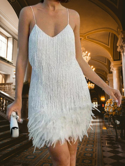 LP | Elegante mini abito da cocktail da donna senza maniche con piume e vestibilità comoda