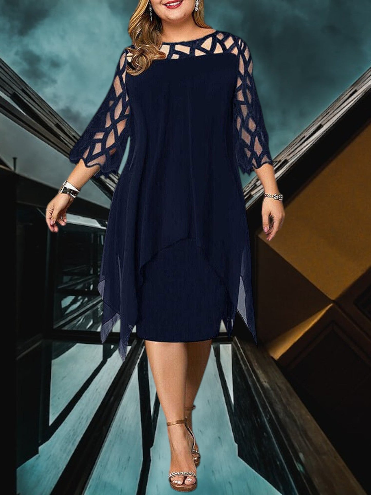 LP | Elegante abito midi plus size in materiale di alta qualità per le donne, facile da curare e versatile