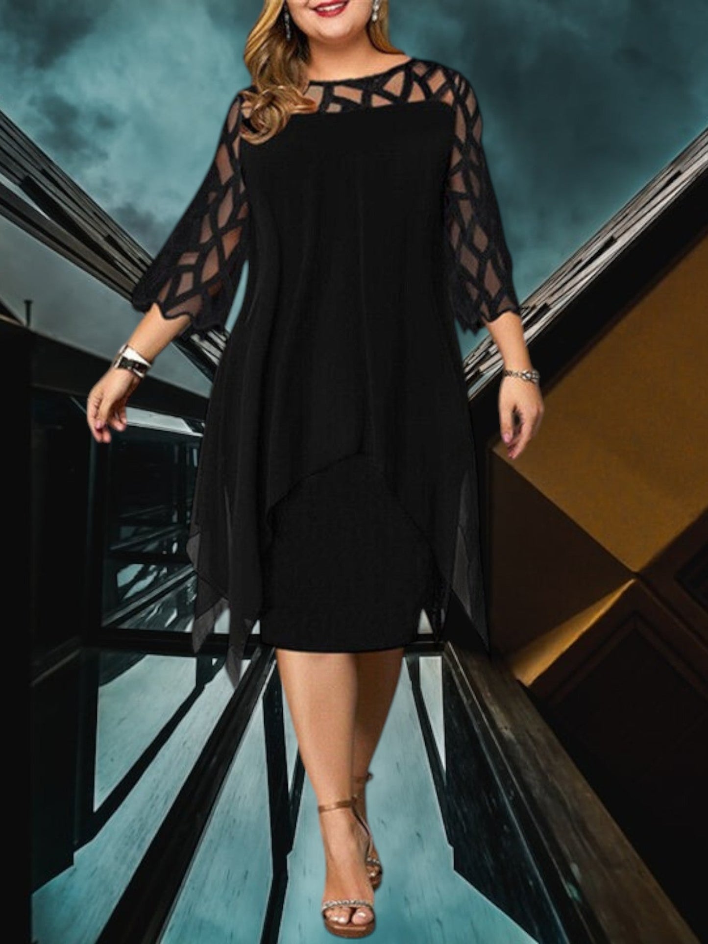 LP | Elegante abito midi plus size in materiale di alta qualità per le donne, facile da curare e versatile