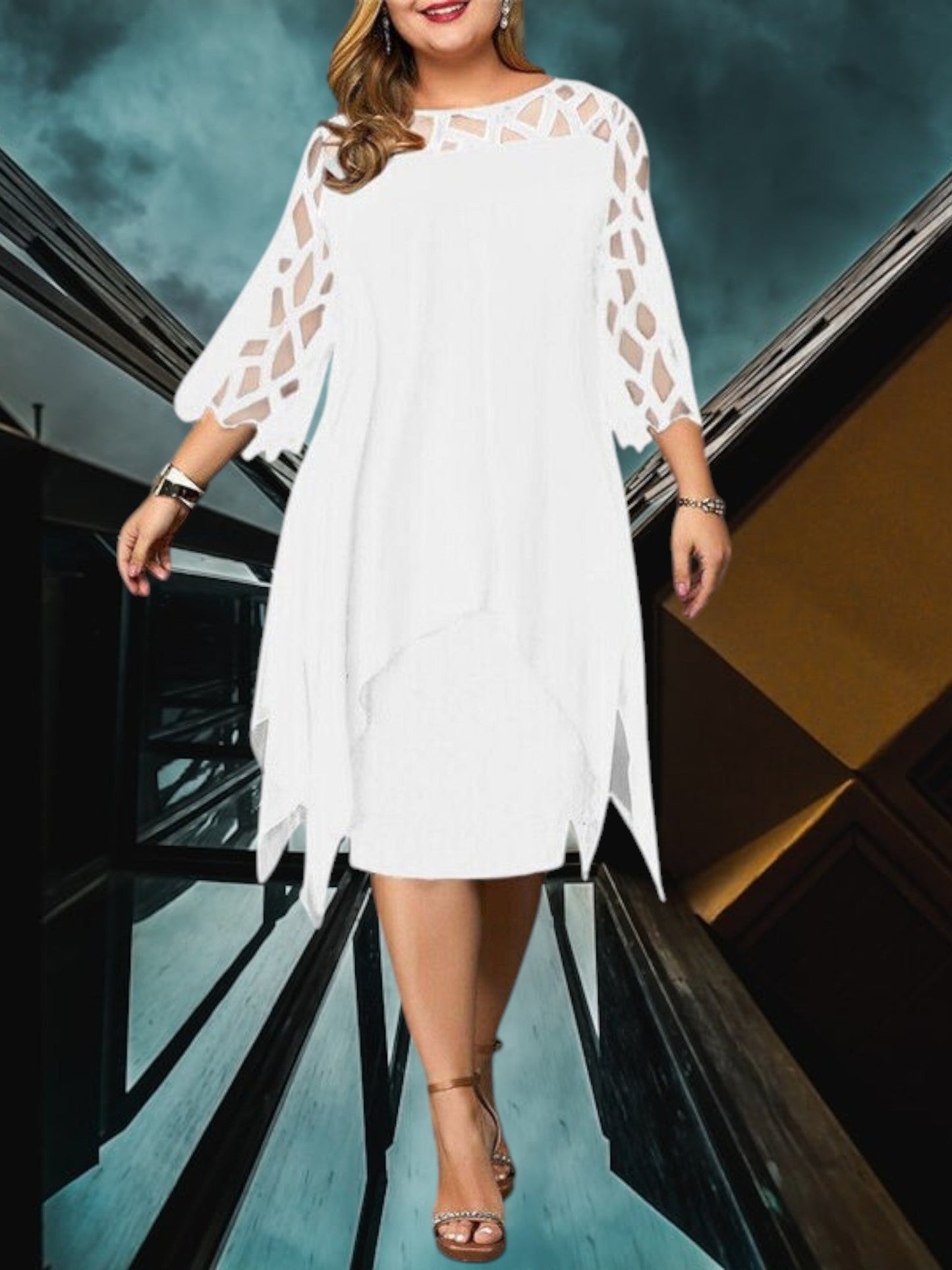 LP | Elegante abito midi plus size in materiale di alta qualità per le donne, facile da curare e versatile