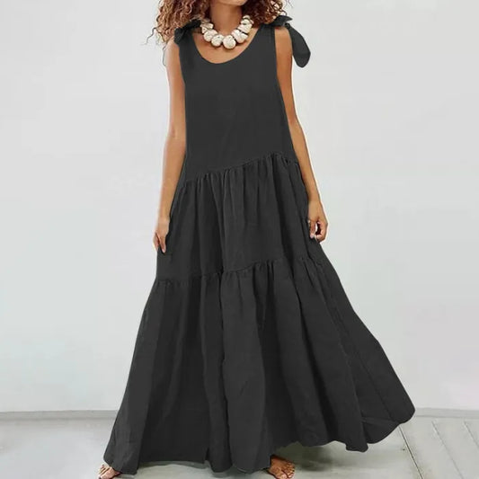 LP | maxi abito casual con volant e cardigan stringato in tinta unita