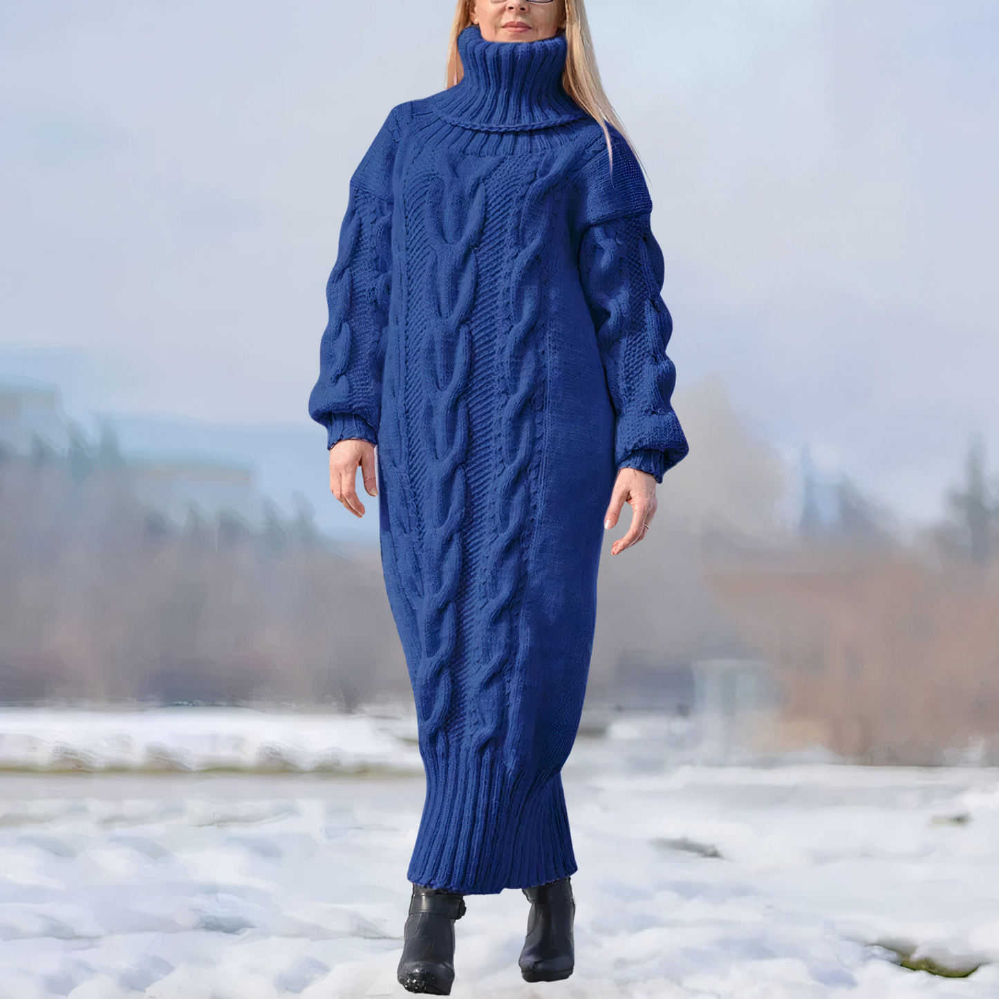 LP | maxi abito lungo con collo alto e struttura a trecce