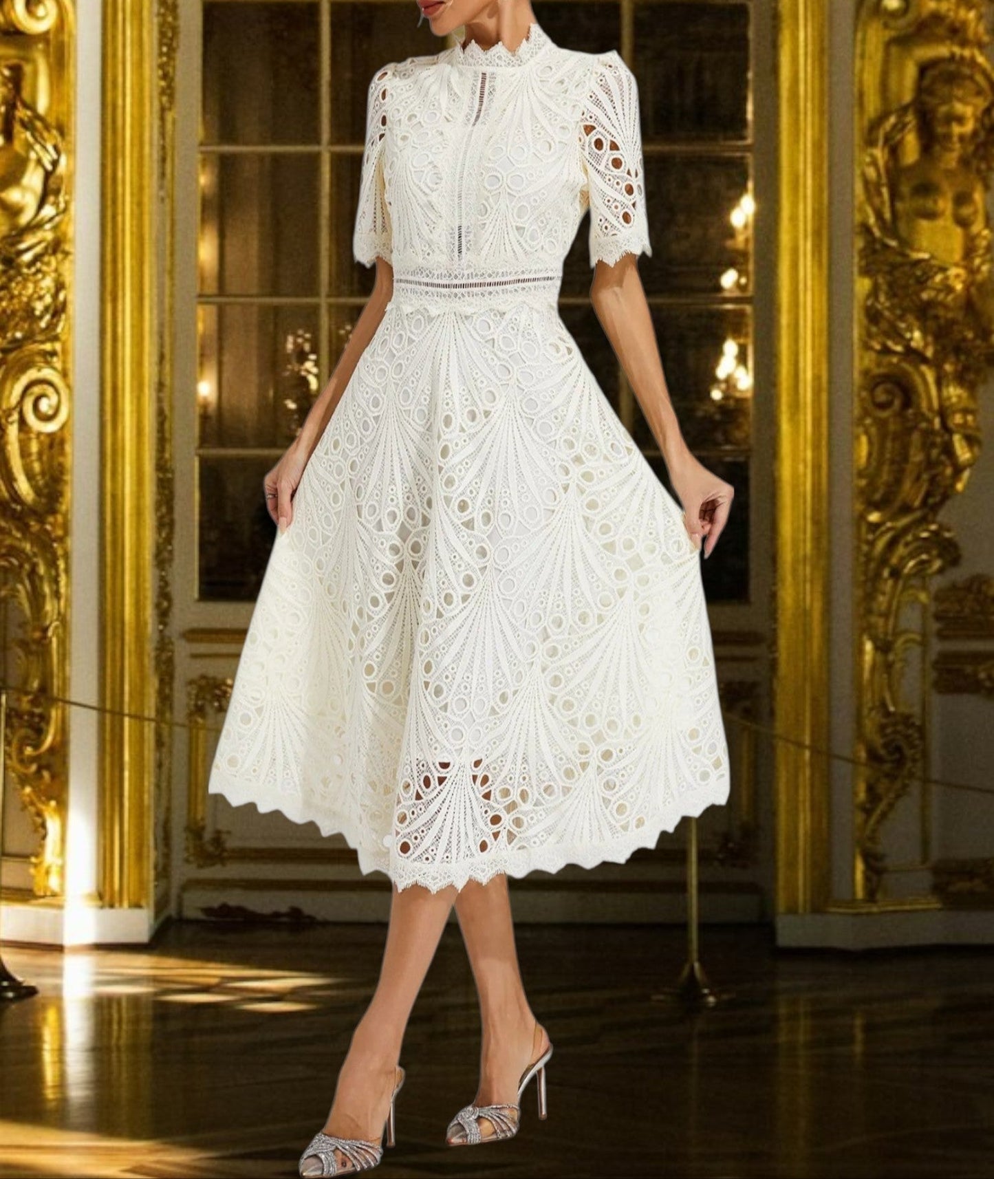 LP | Abito midi in pizzo con scollo rotondo e lusinghiero
