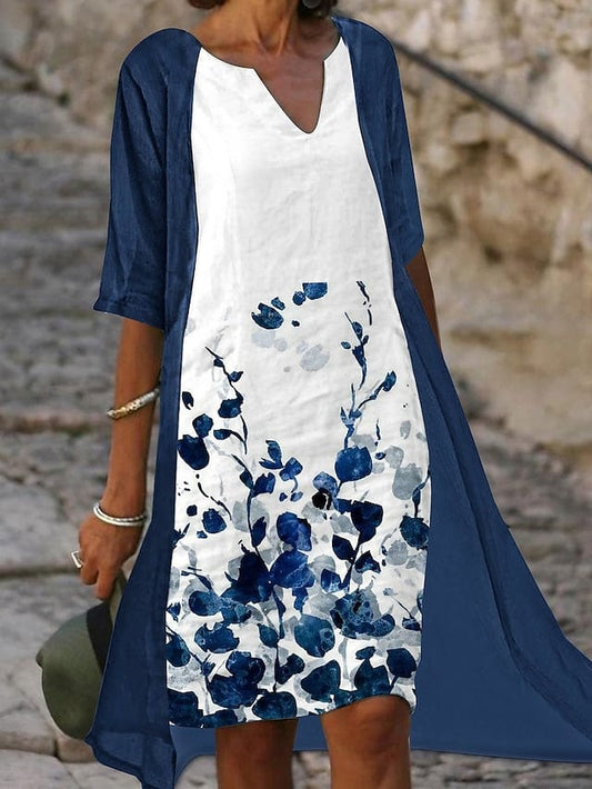 LP | Abito midi a due pezzi con stampa floreale blu ed eleganti mezze maniche