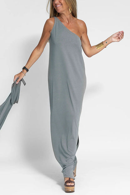 LP | Abito midi casual monospalla senza maniche in cotone e lino con vestibilità ampia