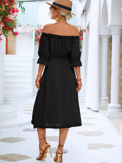 LP | Abito midi off-the-shoulder con maniche a balze e volants