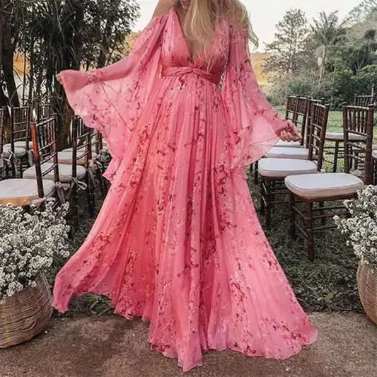 LP | Maxi abito in chiffon con scollo a V e stampa floreale