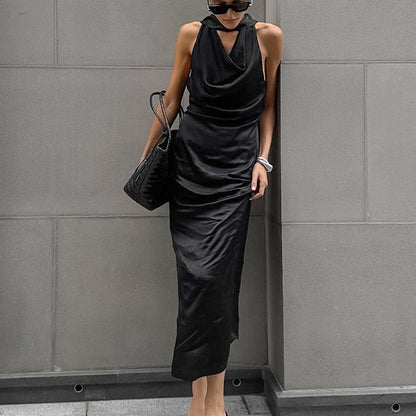 LP | Abito midi da donna con scollo a goccia - Raso - Vestibilità slim - Scollo drappeggiato - Abiti da cerimonia