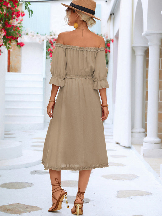 LP | Abito midi off-the-shoulder con maniche a balze e volants