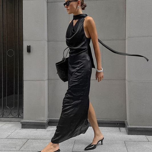 LP | Abito midi da donna con scollo a goccia - Raso - Vestibilità slim - Scollo drappeggiato - Abiti da cerimonia