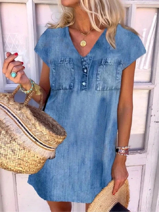 LP | sciolto con scollo a V vintage a maniche corte tinta unita mini abito blu denim G132