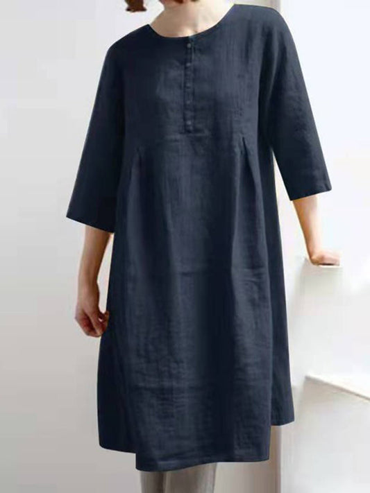 LP | Retro Cotone Lino Solido Plissettato Mezza Manica Mini Abito