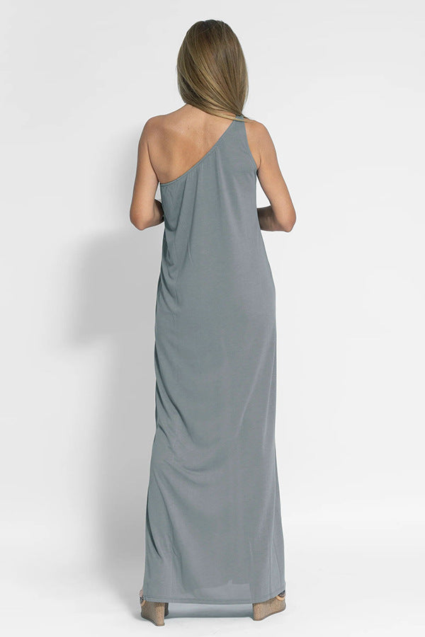 LP | Abito midi casual monospalla senza maniche in cotone e lino con vestibilità ampia
