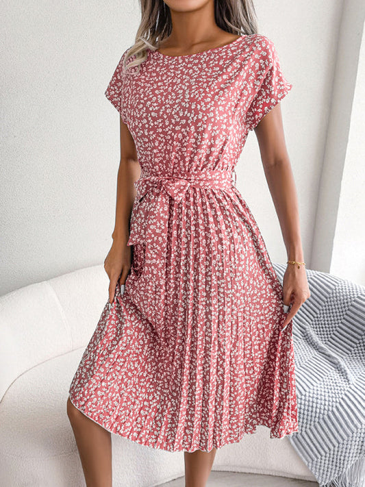 LP | Abito midi con cravatta e stampa floreale con scollo rotondo a trapezio