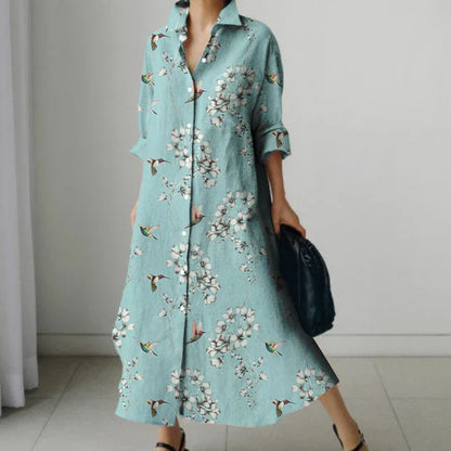LP | Vestito camicia retrò floreale con scollo a V e tasche