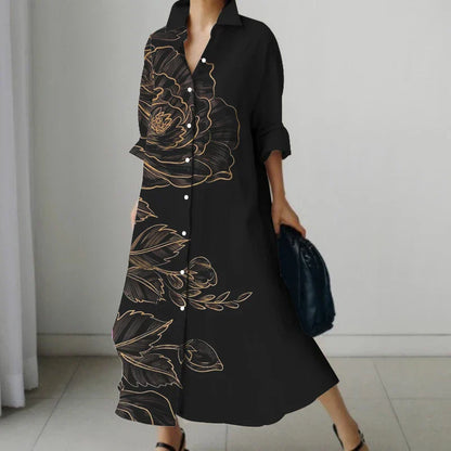 LP | Vestito camicia retrò floreale con scollo a V e tasche