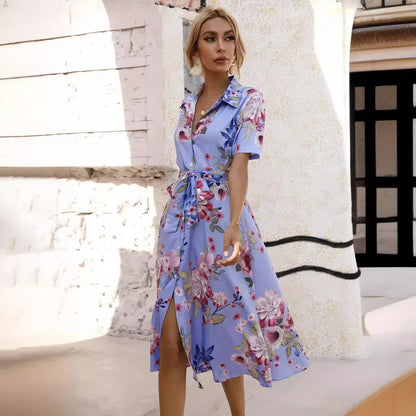 LP | Primavera Estate Donne Stampa Floreale Vestito Midi con Maniche Corte e Girare giù Collare per Casual Party e Outing
